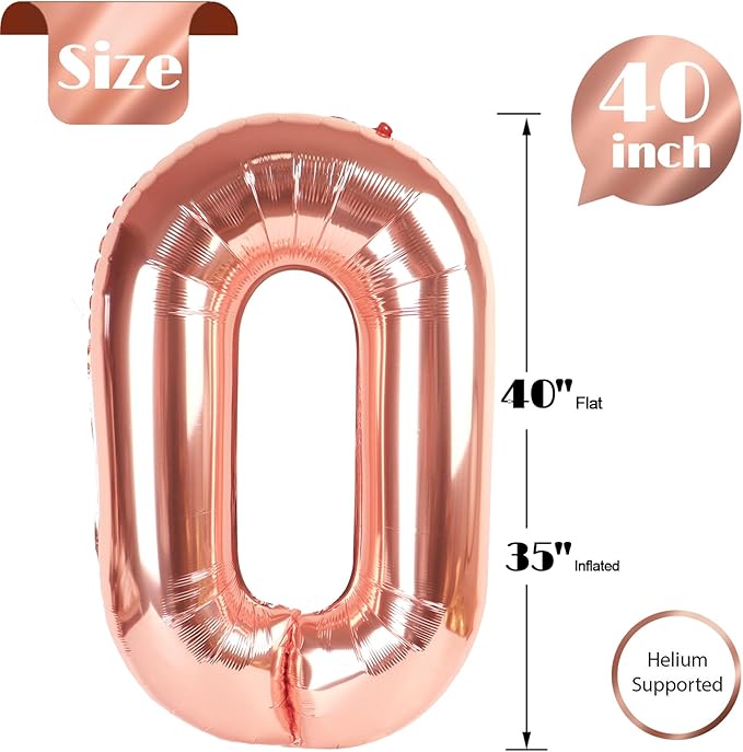 Rose Gold Number 0 Balloon 40 Inch, 0 Balloon Number for 10th 20th 30th 40th 50th 60th Birthday Decorations, Rose Gold Party Supplies