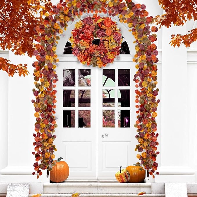 2 Pack Fall Garlands Artificial Eucalyptus Garland Plant, 6ft Faux Vine Hanging Silk Eucalyptus Leaves Fall Foliage Autumn Garland Decoration for Home Mantle Fireplace Wedding Thanksgiving Party Decor