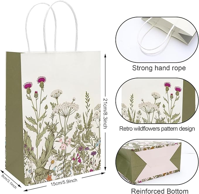 24Pcs Vintage Wildflower Paper Gift Bags Retro Floral Party Favor Bags with Handles Flower Decorative Goodie Candy Treat Bags for Wedding Birthday Baby Shower Party Supplies