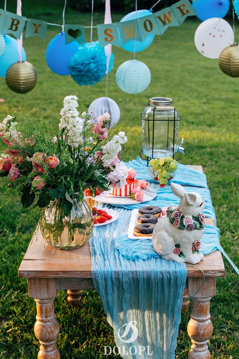 DOLOPL 8PCS Baby Blue Cheesecloth Table Runner Bulk 13.3ft Boho Gauze Cheese Cloth Table Runner Rustic Sheer Runner 160inch Long for Wedding Bridal Baby Shower Birthday Party Cake Table Decorations