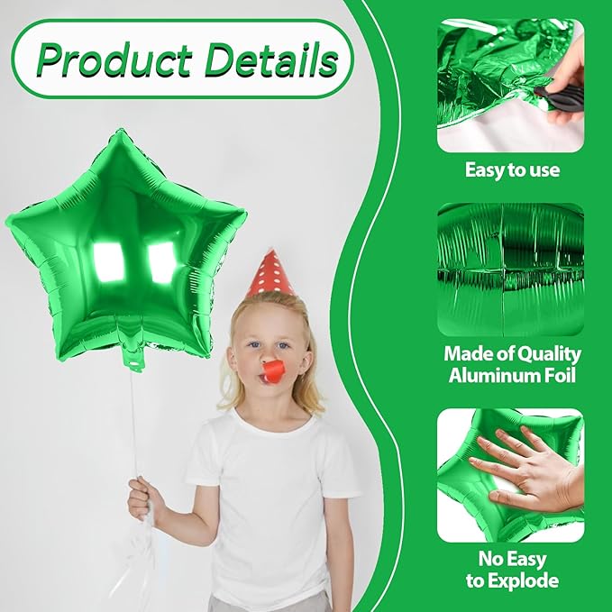 Green Star Balloons Foil, 10PCS Green Foil Stars Shape Balloons, 18 Inch Metallic Stars Balloon for Helium Pentagram Balloon for Birthday, Anniversary, Jungle Theme, Christmas Party Decoration