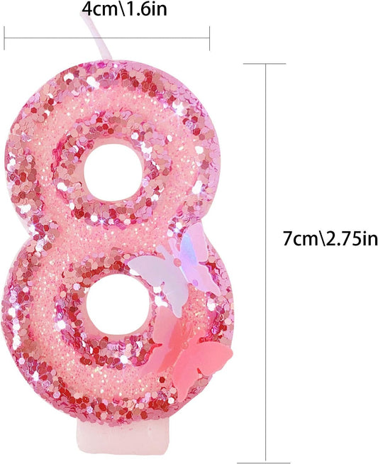 Birthday Candles Number 8,Pink Glitter Happy Birthday Cake Candles Handmade Sequin Numeral Candle