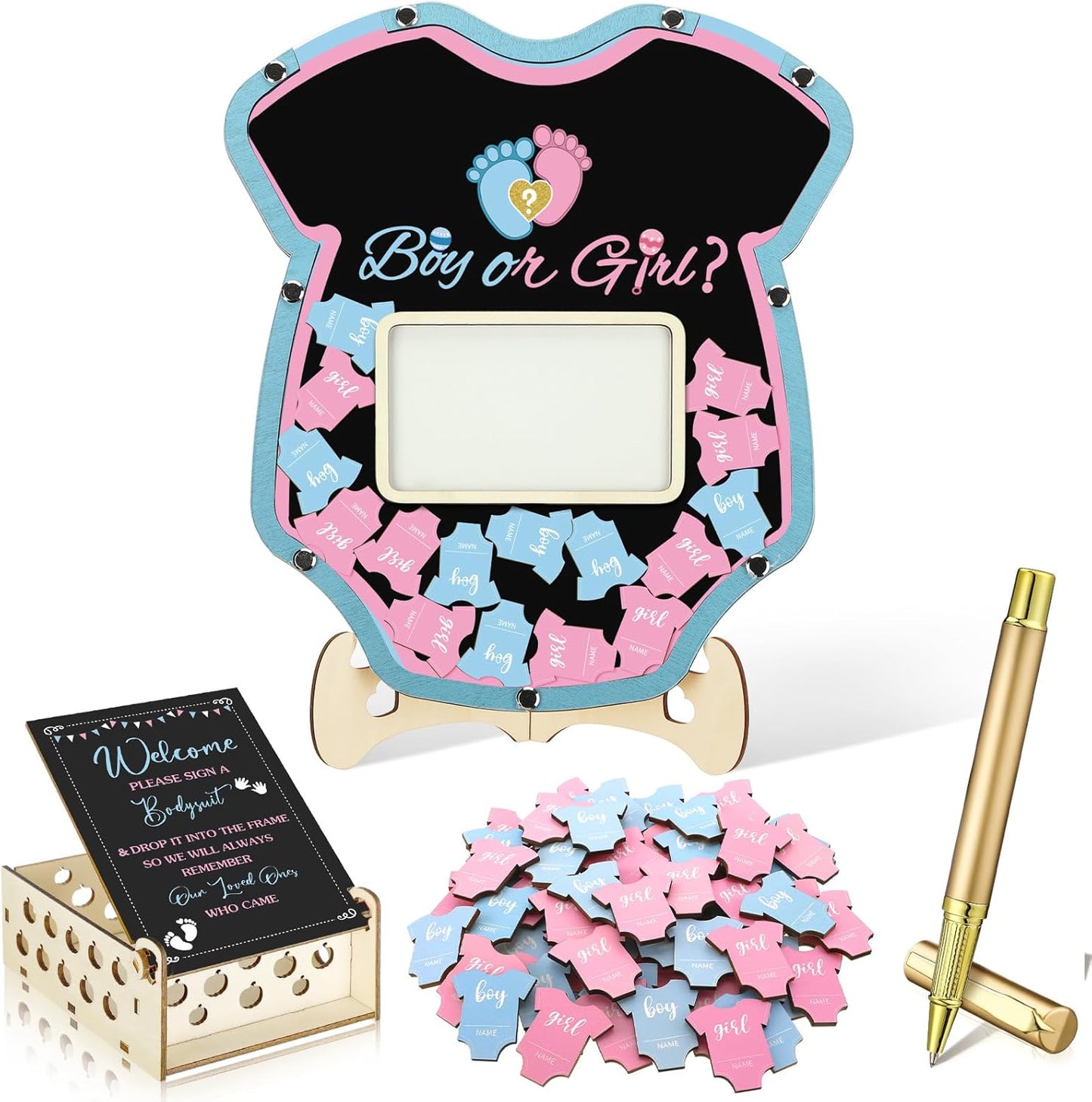 Wenqik 63 Pcs Gender Reveal Baby Shower Guest Book Alternatives Set Baby Shower Decorations with Photo Frame Sonogram Frame Keepsake 60 Wood Slices Guest Book for Birthday