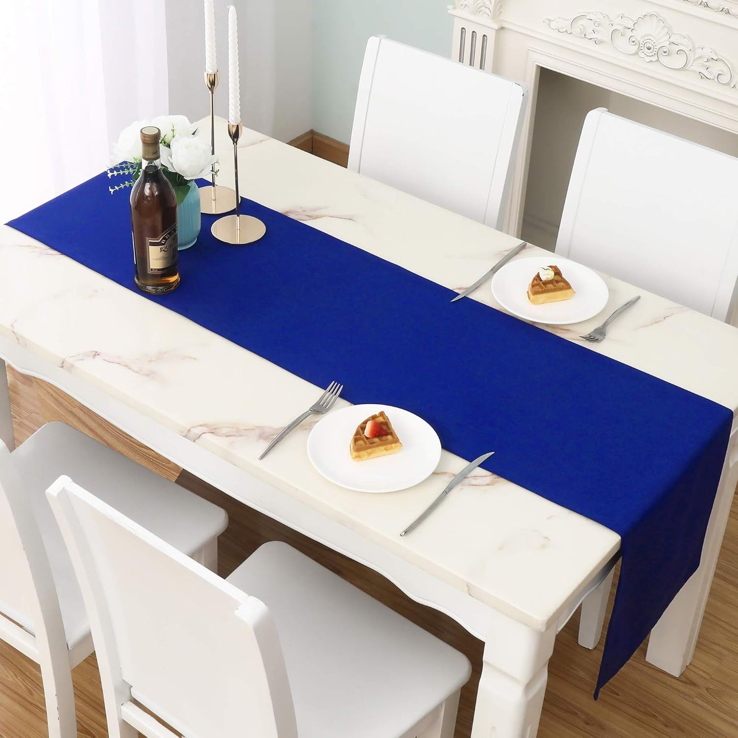 DUALIFE Royal Blue Table Runner 14x108 Inch Long Solid Color Thick Polyester Decorative Cloth Handcrafted for Wedding Party Birthday Graduations Hotel Restaurant Banquet Catering Services Event