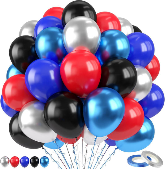 Paready Red Black Blue Balloons Set, 60Pcs Latex Balloons, 12Inch Metallic Blue Silver Balloon Red Black Latex Balloon Helium for Boys Baby Shower Birthday Party Decorations