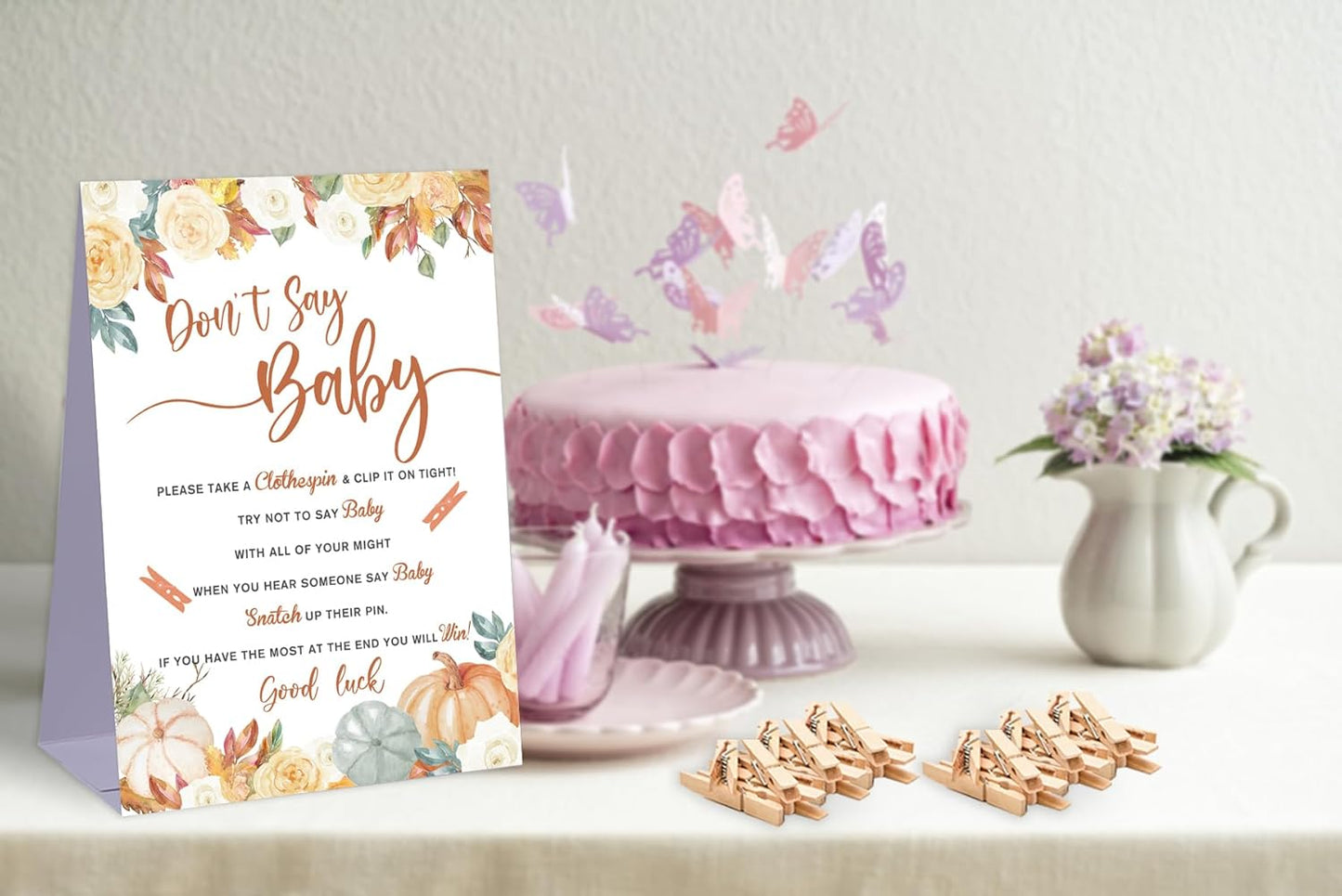 Don't Say Baby Baby Shower Game,Fall Pumpkin Rustic Baby Shower Decoration,Mini Clothespins for Baby Shower,Neutral Baby Shower Decoration,Little Cutie Baby Shower,1 Sign & 50 Mini Clothespins Set-B9