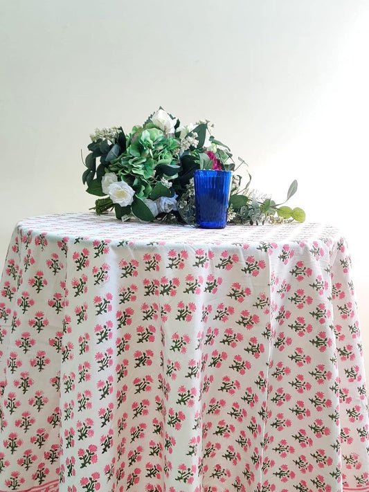 ATOSII Gulbahar White Pink 100% Cotton Spring Summer Round Tablecloth, Block Print Table Cloth for Dining, Weddings, Outdoors, Parties, Grand Millenial Home Decor 72" Inches I