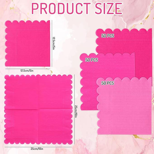 Whaline 150Pcs Hot Pink Scalloped Cocktail Napkins 3 Gradient Pink Colors Paper Napkins Disposable Dinner Beverage Napkins for Baby Shower Wedding Birthday Party Supplies Table Decor, 5 x 5 Inch