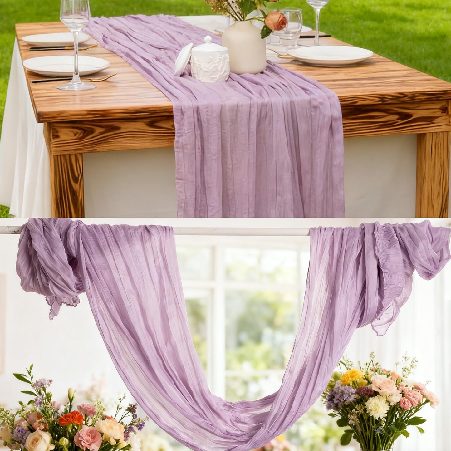 6 Pack Lilac Purple Cheesecloth Table Runner 35x120 Inch Boho Gauze Table Runner, Rustic Sheer Cheese Cloth Fabric Table Runners for Parties, Baby Shower, Birthday and Weddings