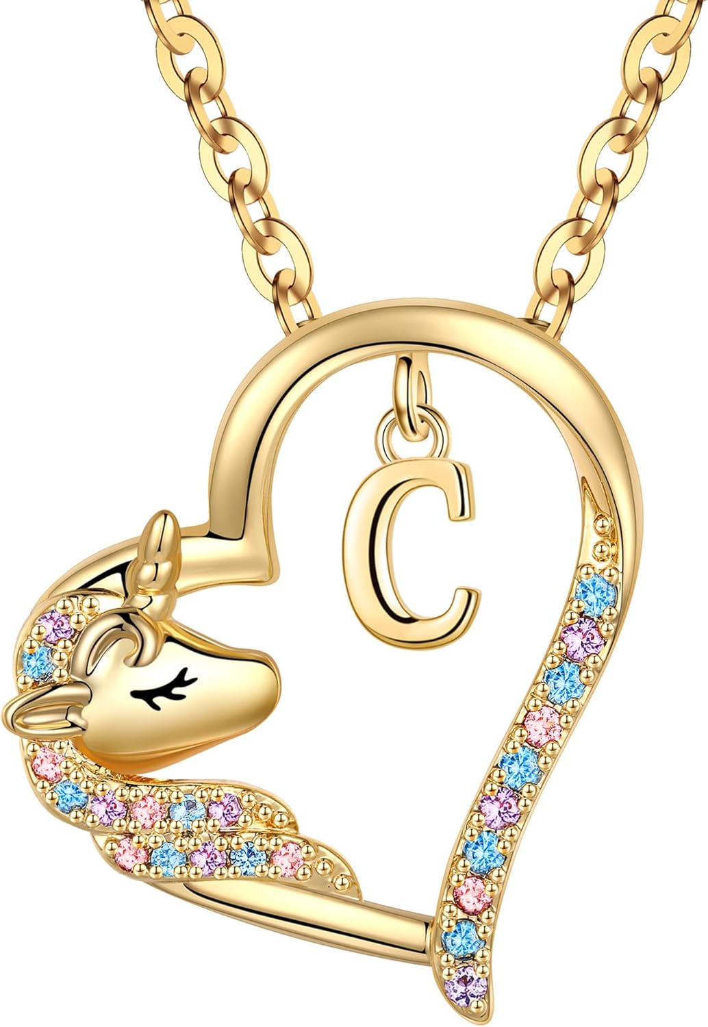 Anoup Unicorn Gifts for Girls Necklace - Colorful CZ Heart Pendant A-Z Initial Necklaces Cute Unicorns Jewelry Birthday Gift for Girl
