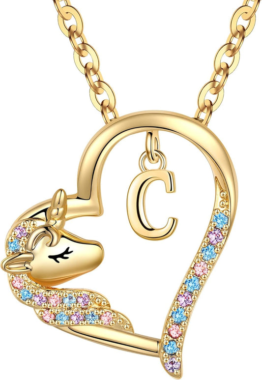 Anoup Unicorn Gifts for Girls Necklace - Colorful CZ Heart Pendant A-Z Initial Necklaces Cute Unicorns Jewelry Birthday Gift for Girl