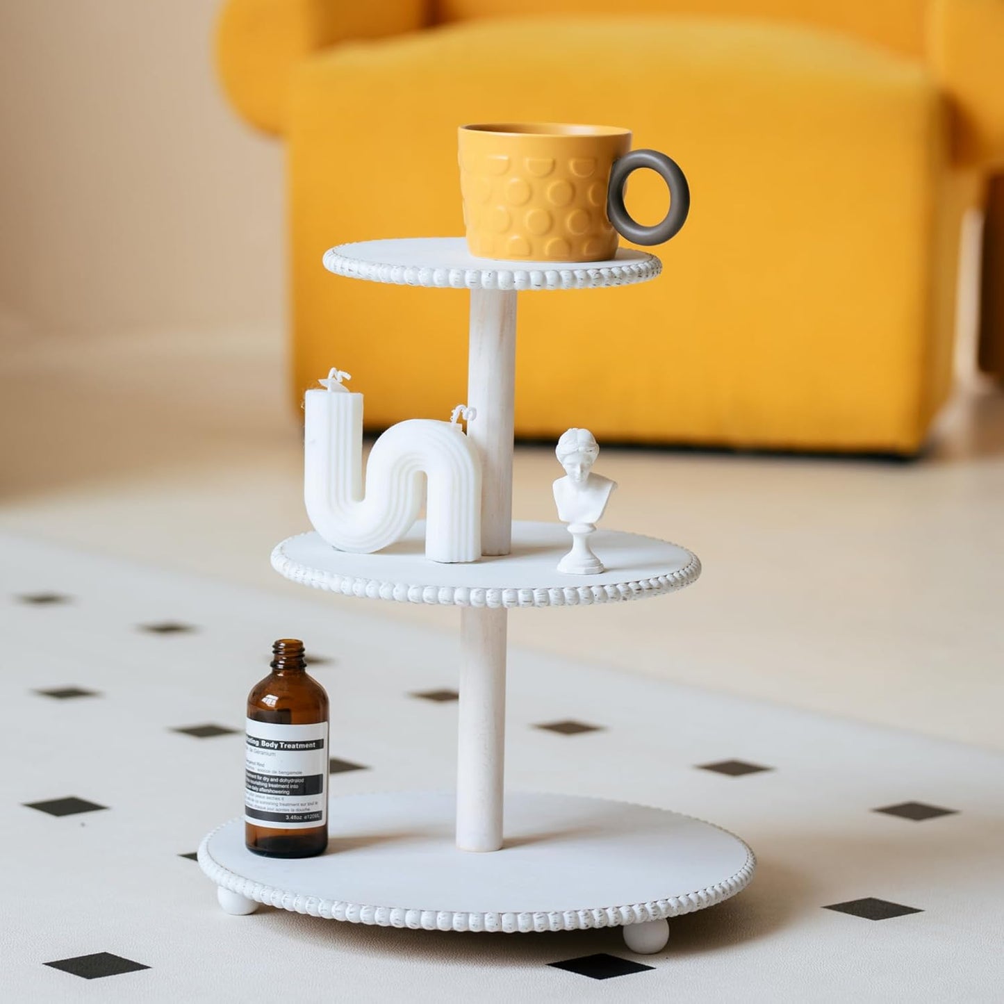 3-Tiered Cupcake Stand, White Wooden Beaded Cupcake Tower for Home Decoration, Farmhouse Cake Stand 3-Tiered Tray for Display Birthday Wedding Baby Shower Tea Party Decor