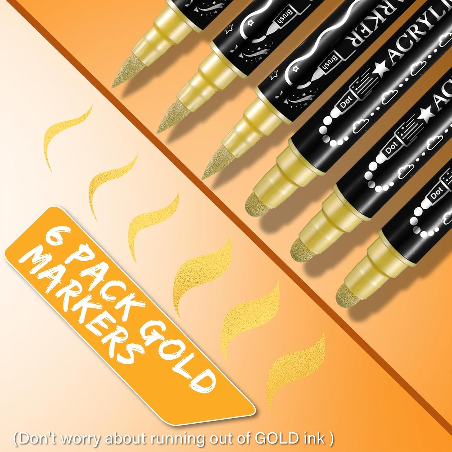 Glod Acrylic Paint Pens Markers, 6 Pc Dual Tips Waterproof Paint Markers For Rock Painting, Fabric, Metal, Glass, Wood, Canvas, Ceramic, Pumpkins, Eggs, Plastic, Non-Toxic & Odor