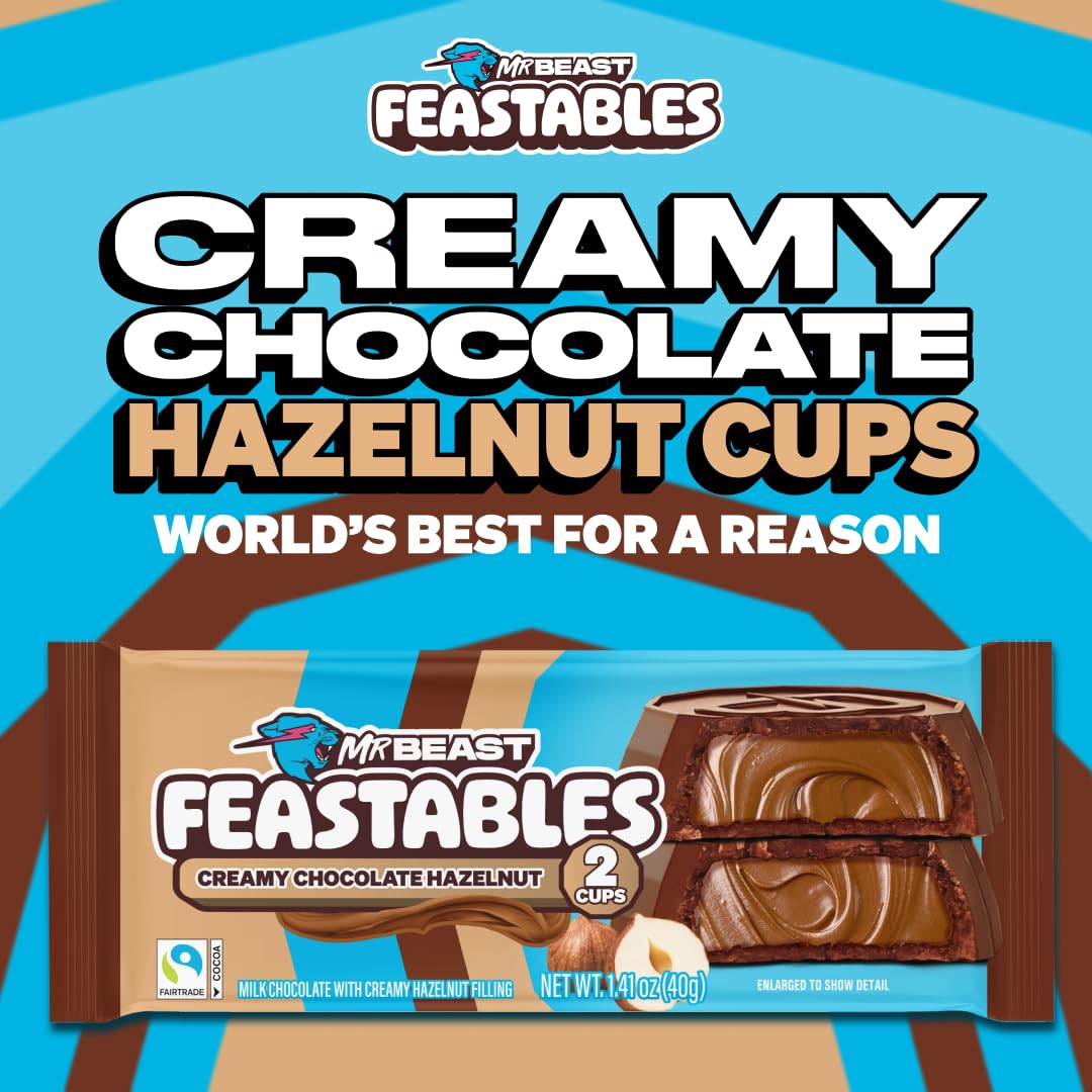 Feastables MrBeast Hazelnut Cups, Milk Chocolate & Creamy Hazelnut Filling, Cups for Adults & Kids, Chocolate Candy for Snacks, Gifts, or Dessert, Made With Fairtrade Cocoa, 2 Pack, 24 Count