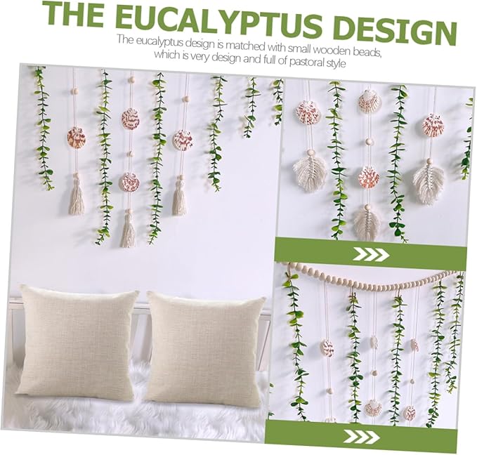 Wooden Bead Pendant with Artificial Eucalyptus Leaves Hanging Garland Lightweight Rustic Wall Decor for Bedroom Farmhouse Style Leaf Vines Pastoral Accent for Home and Party