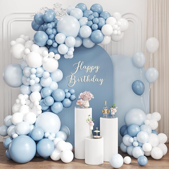 Dusty Blue and White Balloon Garland Arch Kit, 167Pcs Pastel Vintage Smoke Blue Matte White Latex Balloons for Birthday Graduation Baby Shower Gender Reveal Party Decorations