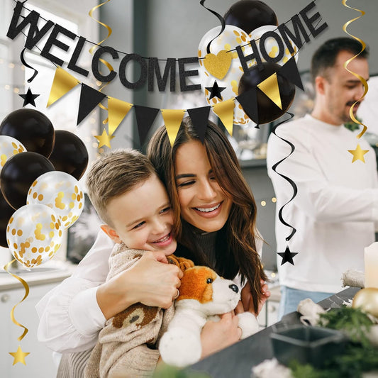 Welcome Home Banner Decorations with Welcome Home Sign, Garland, Balloons and Hanging Swirls for Military Homecoming Deployment Returning, Welcome Home Party Supplies
