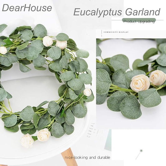DearHouse 2pc Artificial Eucalyptus Garland Faux Silk Eucalyptus Leaves Vines Handmade Garland Greenery Wedding Backdrop Arch Table Decor, 6.1ft/pc