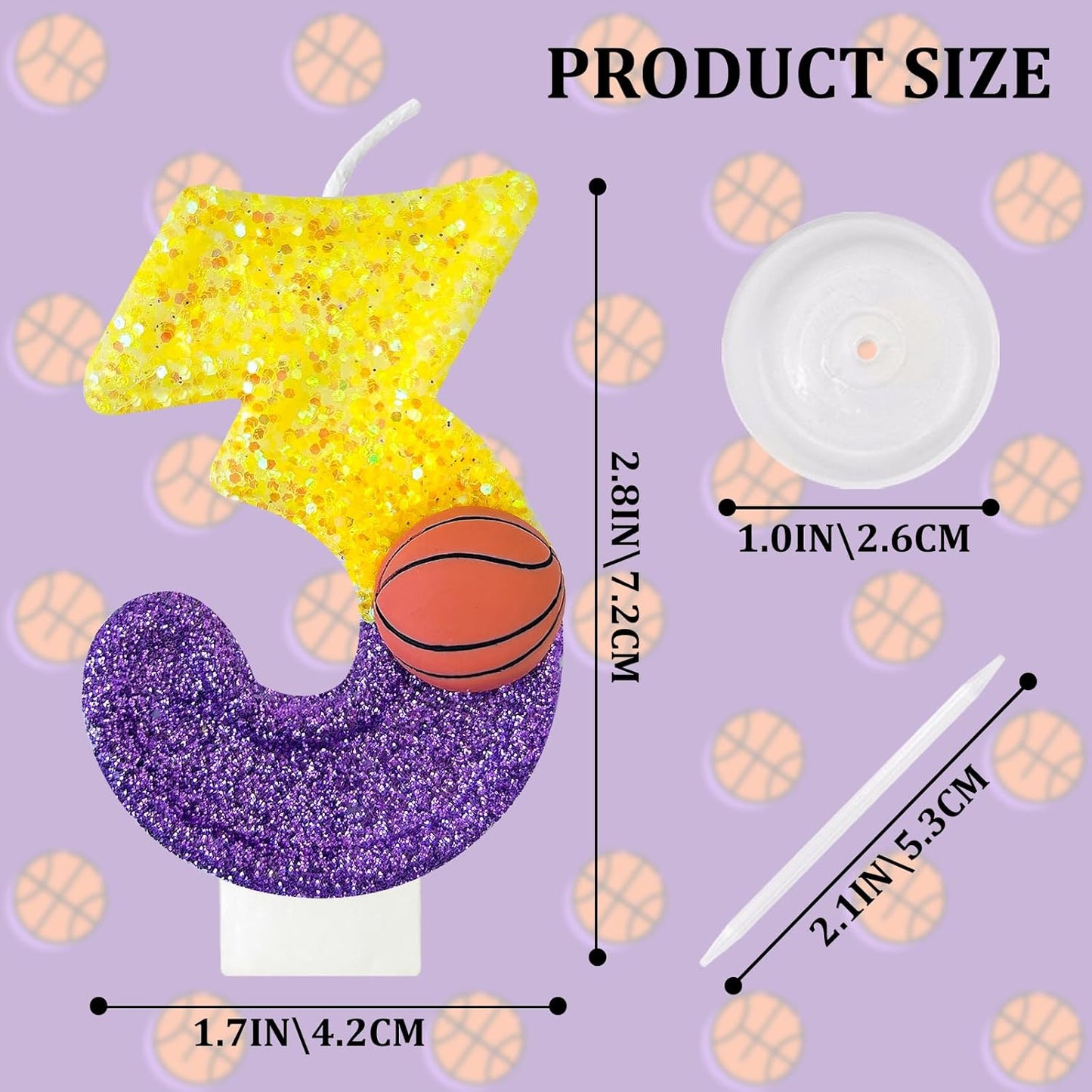 HXOUSE Basketball Number 3 Birthday Candles - Purple Gold Birthday Candles for Cake, 3 Candle for Basketball Theme Cake Topper, Boys Sport Party Decorations Gifts (No.3)