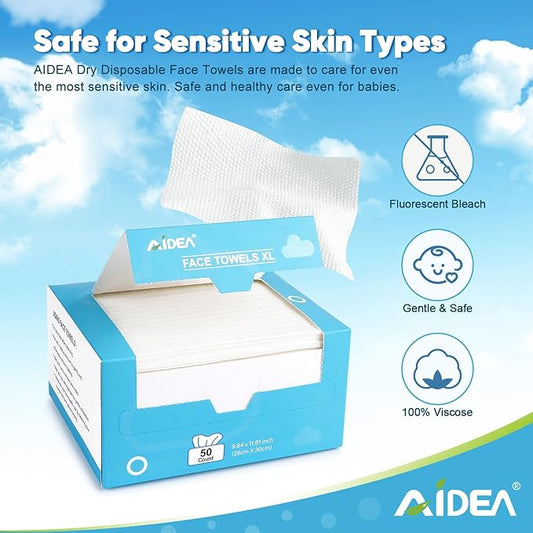 AIDEA XL Face Towels Disposable 50Ct, Clean Facial Cloths, Facial Cleansing Wipes for Sensitive Skin, Face Towelettes for Makeup Removing, Nursing, Travel, Dry Wipes 9.84"×11.81"