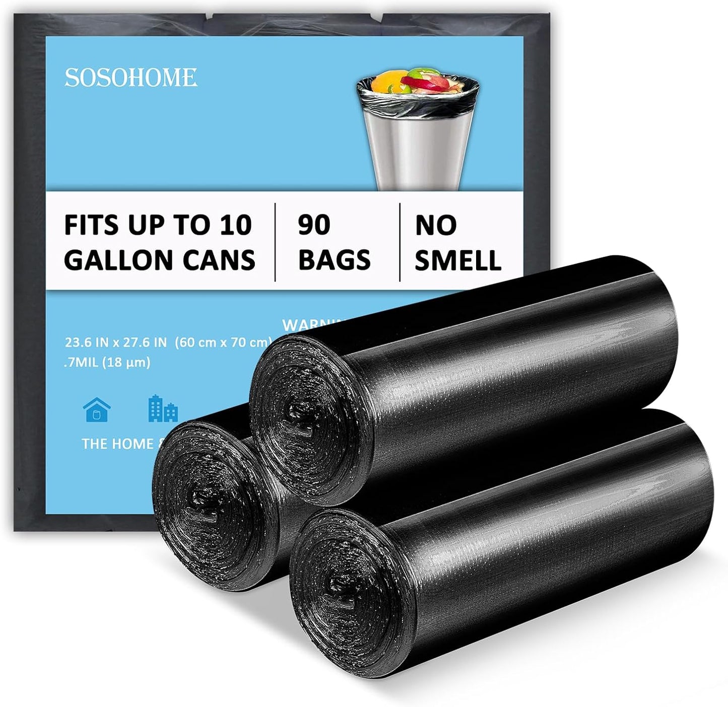 10 Gallon Black Trash Bags, 18 Micron Thick Garbage Bags for Office Kitchen, 90 Count