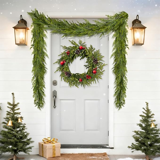 9FT Christmas Garland Norfolk Pine Garland Real Touch Faux Greenery Cedar Garlands for Mantle,Table,Wall,Christmas Decorations Indoor Outdoor