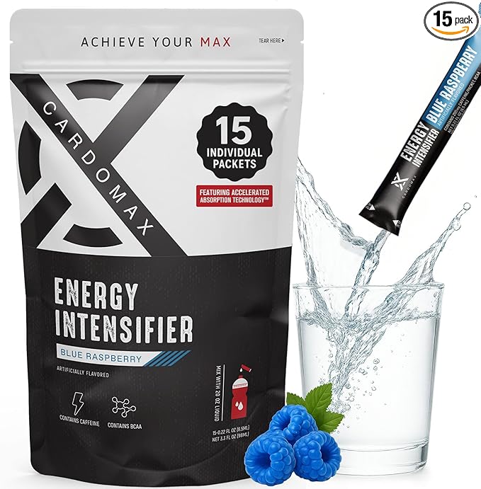 CardoMax - Energy Drink Packets - Liquid Preworkout for Men & Women Caffeine Packets with BCAA, Vitamin B12, Vitamin B6 & B3 - Sugar-Free, Zero Calorie, Vegan & Keto - 15 Stick Packs - Blue Raspberry