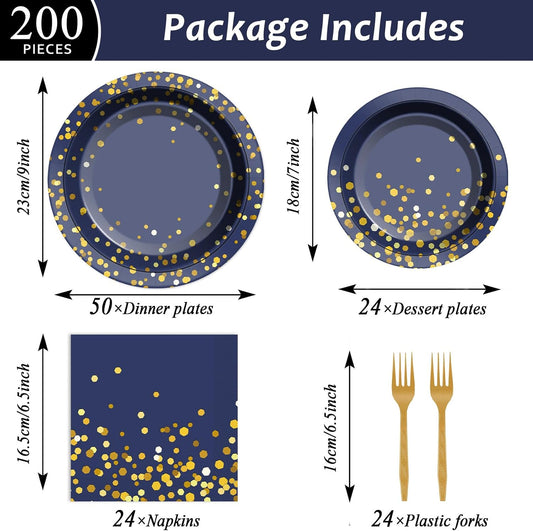 gisgfim 50 Guests Blue and Gold Party Supplies Tableware Set Gold Dot on Blue Paper Plates Napkins Disposable Paper Plates Graduation Table Decors for Men Women Happy Birthday Party Decorations 200PCS