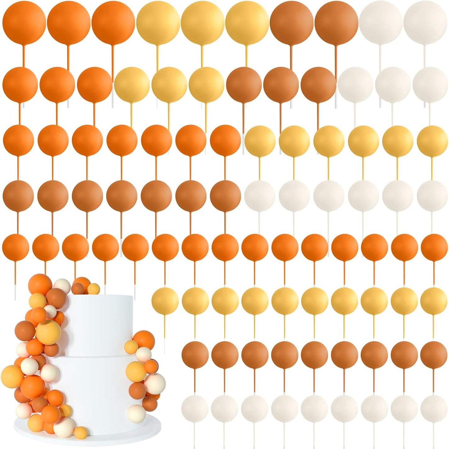 138 Pcs Balls Cake Topper Decorations Balloon Cupcake Toppers Foam Multisize Cake Topper Balls for Birthday Party Wedding Anniversary(Assorted Yellow,Khaki)