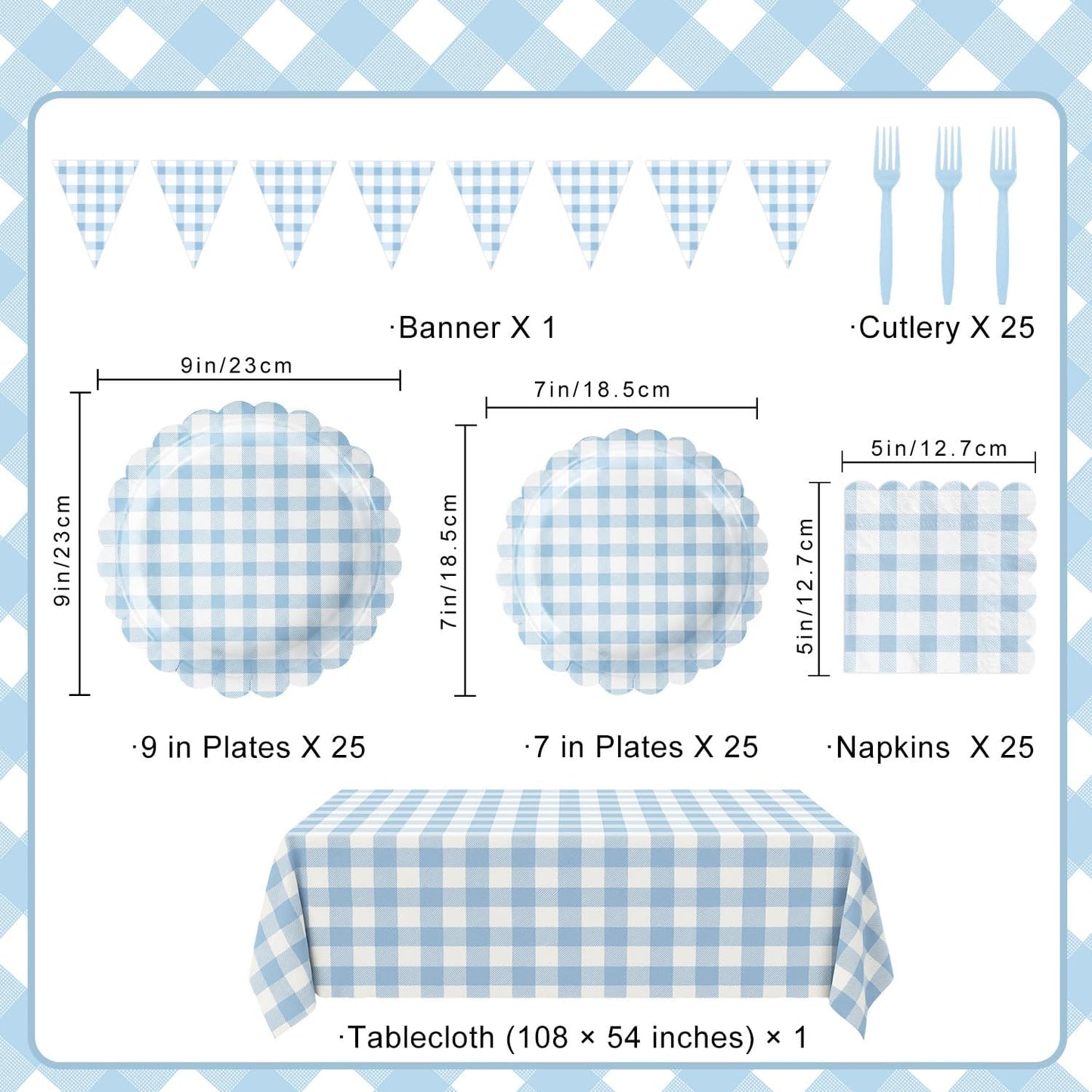 102 PCS Light Blue Gingham Party Supplies - Scalloped Plates, Napkins, Cups, Forks, Banner, Tablecloth for Baby Shower, Wedding, Birthday, Serves 25