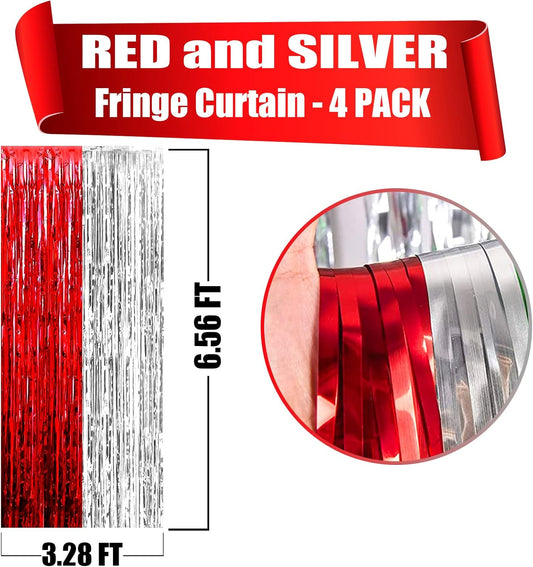 4 Pack Silver Red Foil Fringe Curtain Backdrop, 3.28Ft x 6.56Ft Metallic Tinsel Foil Fringe Streamers Curtains for Photo Booth, Wedding, Circus Welcome Carnival Birthday Party Decoration