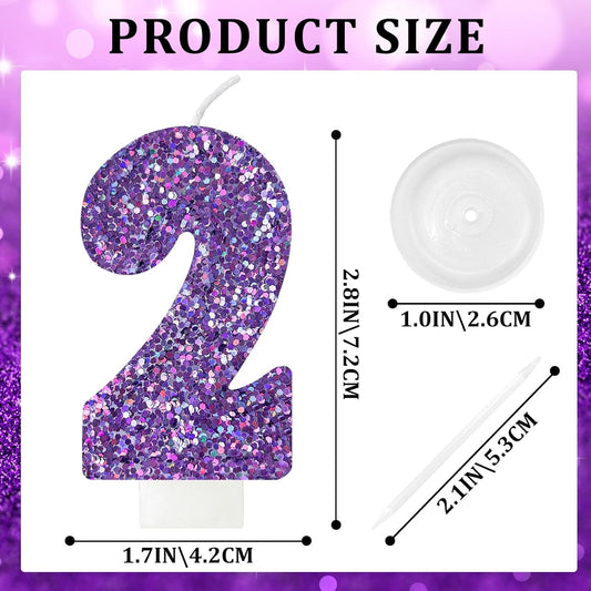 Birthday Number Candles, Glitter Number Candle Cake Decorations with Sequins, Cupcake Decorations for Girls, Women, Party Anniversary Celebrations (Number 2, Purple)