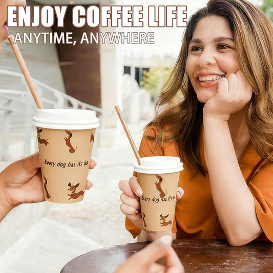 12 oz 25 Pack Disposable Paper Coffee Cups with Lids, Disposable Paper Cups for Cold/Hot Drinks, Leak-Proof To Go Drinking Cups for Office Party Home Picnic & Travel (Doggy Style)