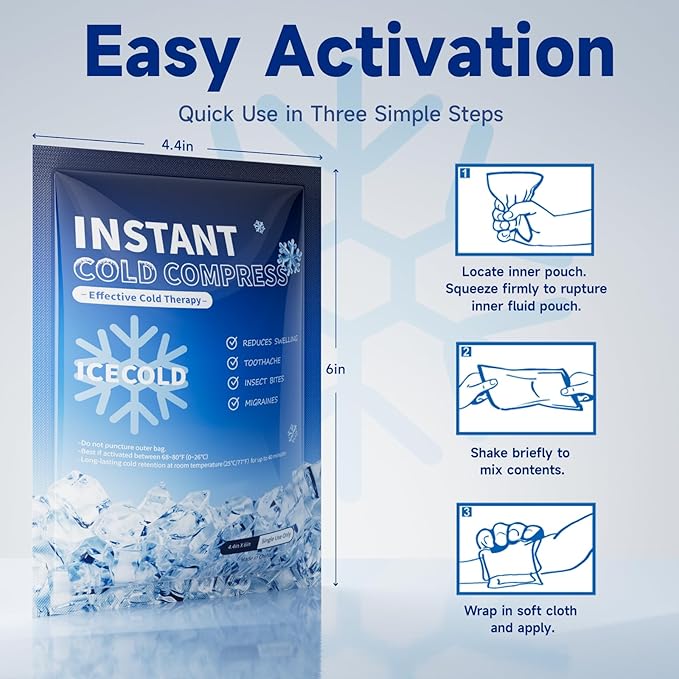50 Instant Ice Cold Packs, 4.4" x 6" Disposable Ice Packs for Injuries, Pain Relief, No Freeze Needed Cold Compress for First Aid, Athletes