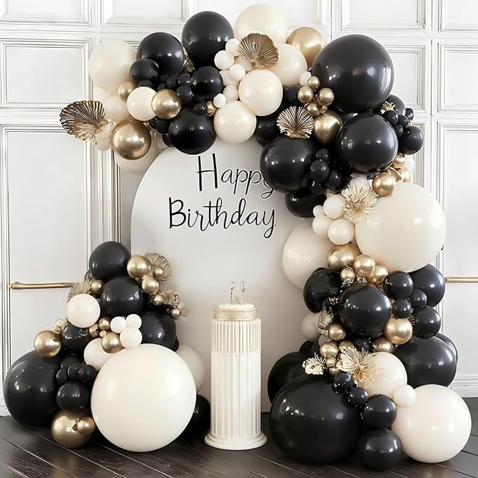 Black and Gold Balloon Arch Kit, Double Stuffed 129 Pcs Gold and Black Balloons Garland with Black Pearl White Sand Ivory Chrome Gold Balloons for Wedding Birthday Event New Year's Party Decoration