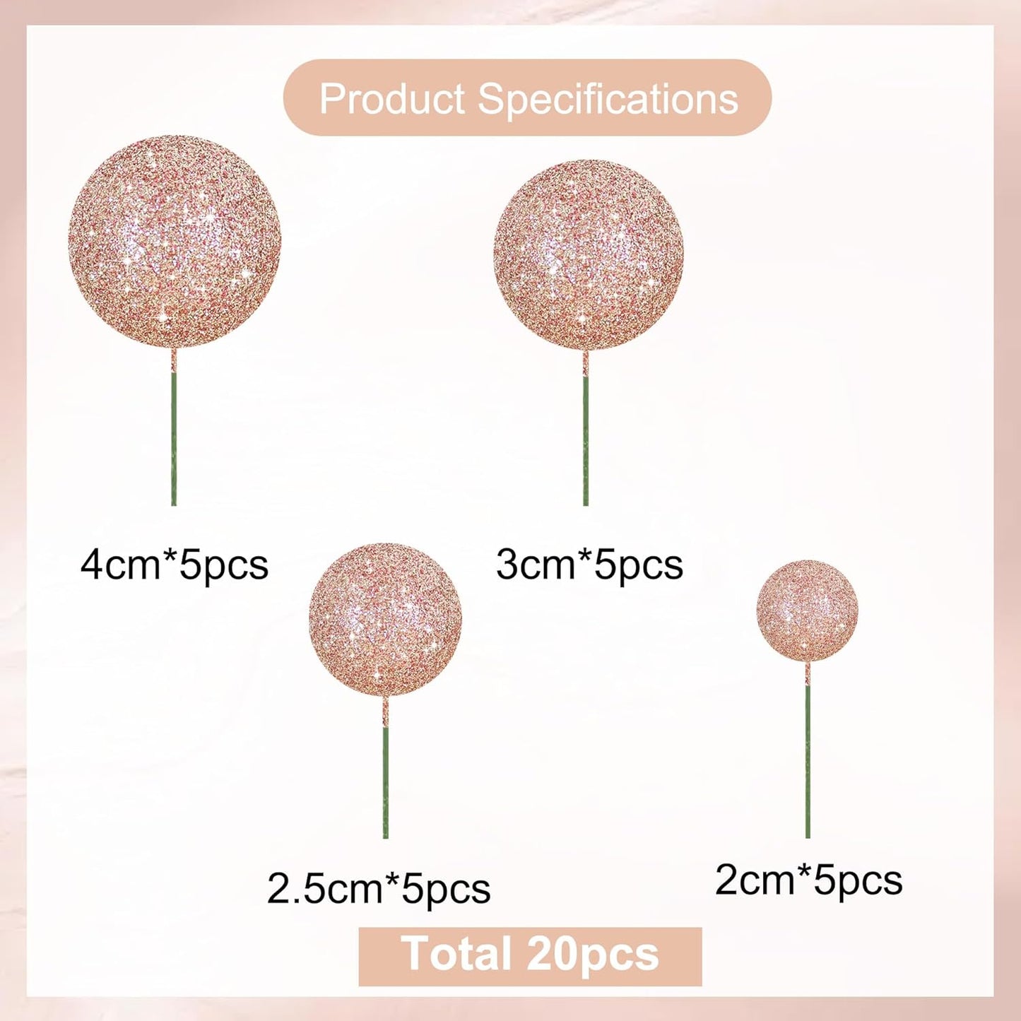 BEISHIDA 20 PCS Rose Gold Glitter Bling Mini Ball Cake Toppers Foam Cake Balls Decoration Supplies for Happy Birthday Anniversary Wedding Baby Shower Graduation Christmas Cake Decorations