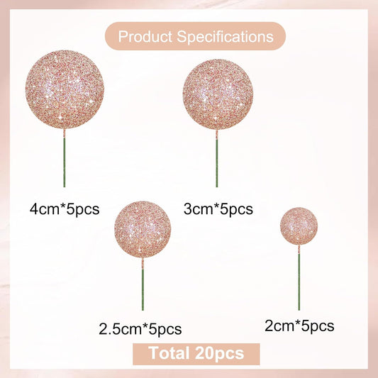 BEISHIDA 20 PCS Rose Gold Glitter Bling Mini Ball Cake Toppers Foam Cake Balls Decoration Supplies for Happy Birthday Anniversary Wedding Baby Shower Graduation Christmas Cake Decorations