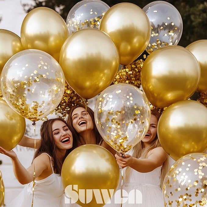 SUWEN Metallic Gold Balloons and Confetti Balloons Set 47PCS Latex Helium Chrome Gold Balloon for Birthday Graduation Anniversary Party Decorations