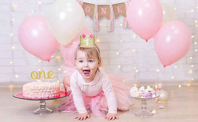 First Birthday Decorations for Girl | 1st Baby Girl Number 1 Balloon, Happy Birthday Banner, “One” Cake Topper, Star Garland, Marble Pink, Gold Confetti, Heart Balloons, Paper Tassels | PartyHooman