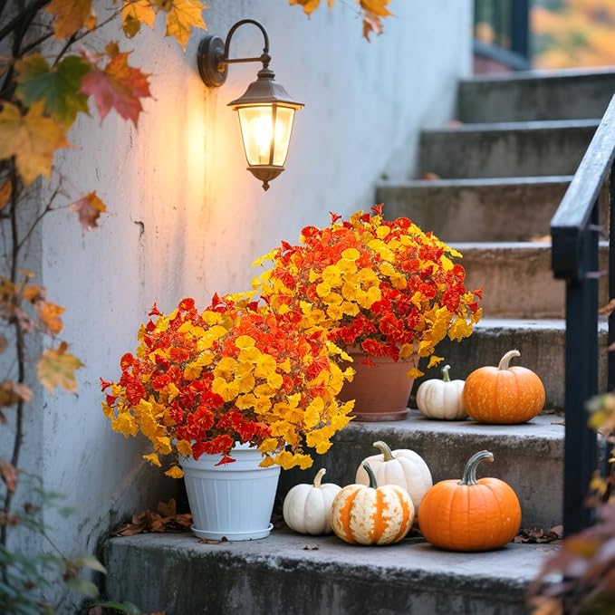 Artificial Flowers Outdoor Fall Decor - 12 Pcs UV Resistant Fade Proof Fake Plants for Garden Porch, Thanksgiving Autumn Decorations, Waterproof for All Weather