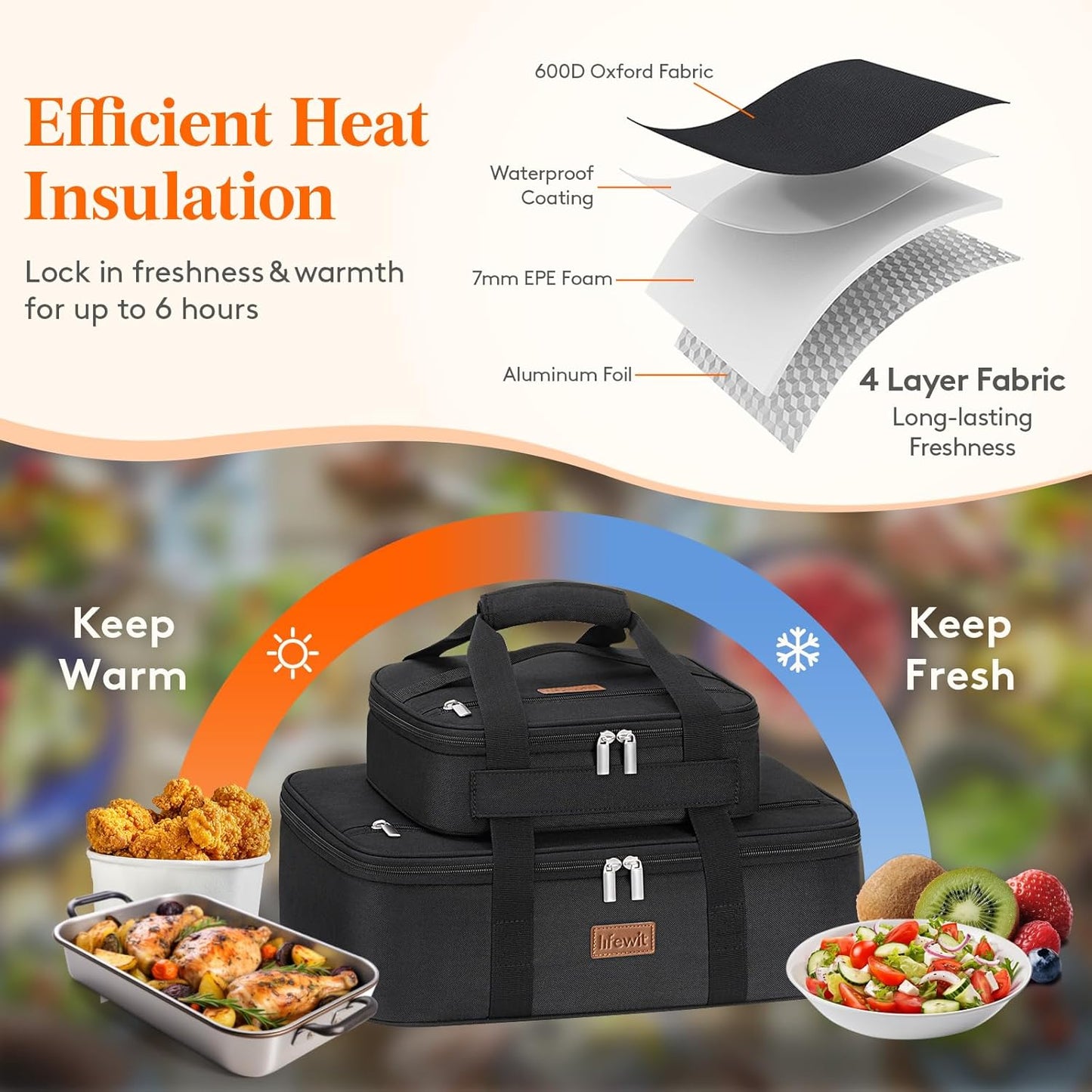 Lifewit Duo Insulated Casserole Carrier for Hot or Cold Food, Lasagna Holder 2 Compartments, Thermal Lunch Tote for Potluck Parties Cookouts, Fits 9"x13" Casserole Dish,Black