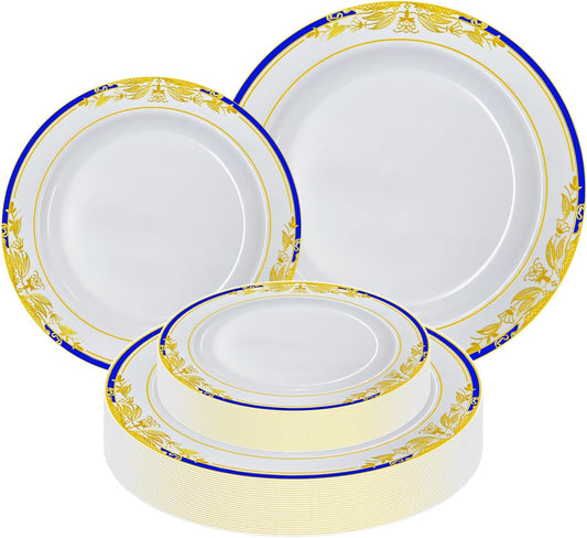 MENDENG 50Pcs Disposable Plastic Plates for Party, 25x7.5Inch & 25x10.25Inch Elegant Fancy Plastic Wedding Plates Disposable, Heavy Duty Dessert Party Dinner Plates