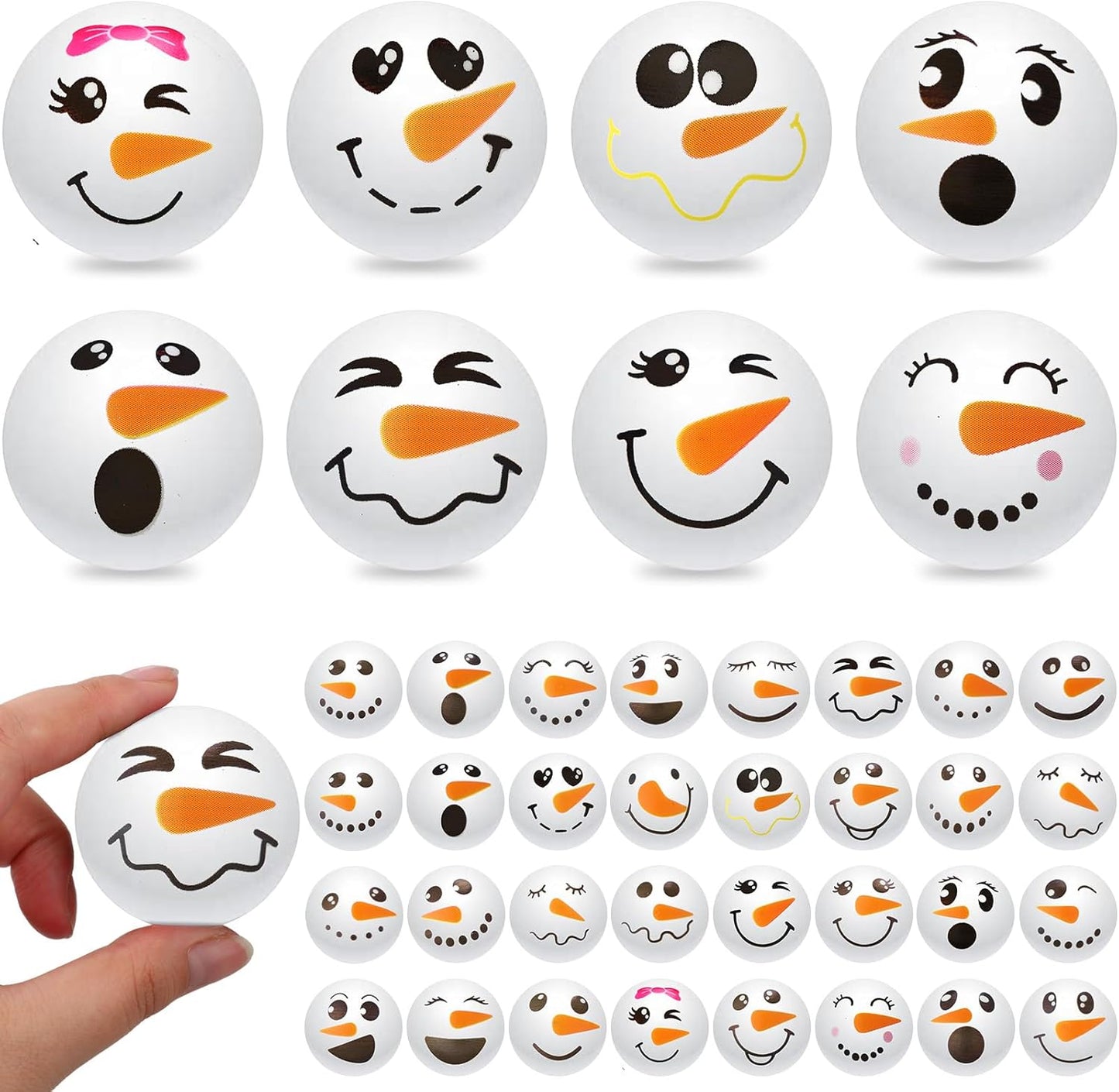 Leyndo 100 Pcs Christmas Stress Ball 1.57 Inch Foam Snowman Stress Relief Snowman Face Small Slow Rising Stress Ball Squeeze Ball for Xmas Party Favor Stocking Stuffer Filler, 32 Styles