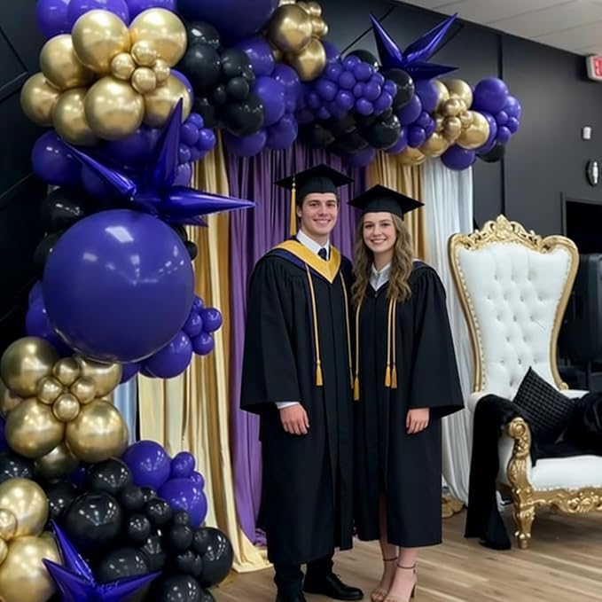 Purple and Gold Balloons, 12 Inch Black Purple and Gold Confetti Balloons for Graduation Prom Halloween Baby Shower Wednesday Retirement Birthday Party Decorations