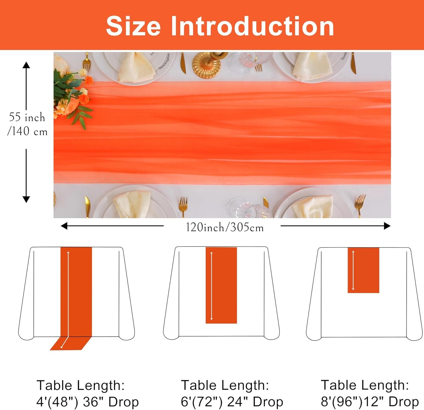 Snowkingdom Orange Fall Table Runner, Burnt Orange Gauze Sheer 10FT Long Tulle Thanksgiving Table Runners, Seasonal Autumn Harvest Cheese Cloth Decorations for Birthday Wedding Party 120inch