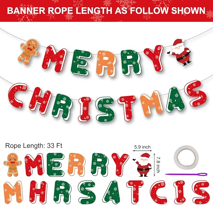 Merry Christmas Decorations Banners - Paper Christmas Banner, Santa Claus Reindeer Sign Garland Backdrop for Winter Xmas Indoor Outdoor Home Office Fireplace Wall Party Decor Supplies Favors Props