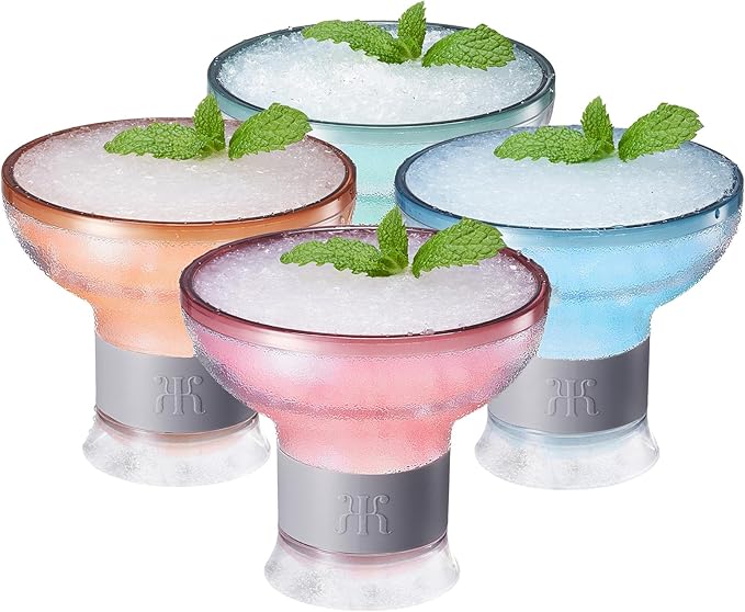 Khen Frozen Margarita & Cocktail Chiller Glasses | Set of 4 | Cooling Cups 12 OZ Unbreakable Tritan Acrylic, Double Wall Insulated to Keep Drink Cool, Freeze Gel Glass Cup, Silicone Holder