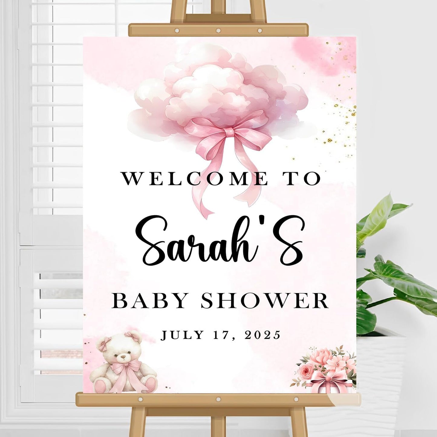Editable Pink Bow Welcome Sign For Baby Shower, Baby Shower Decor, Ribbon Blush Baby Shower Decoration, Baby Shower Welcome Sign, Baby Shower Sign Stand, Sweet Baby Shower Personalized