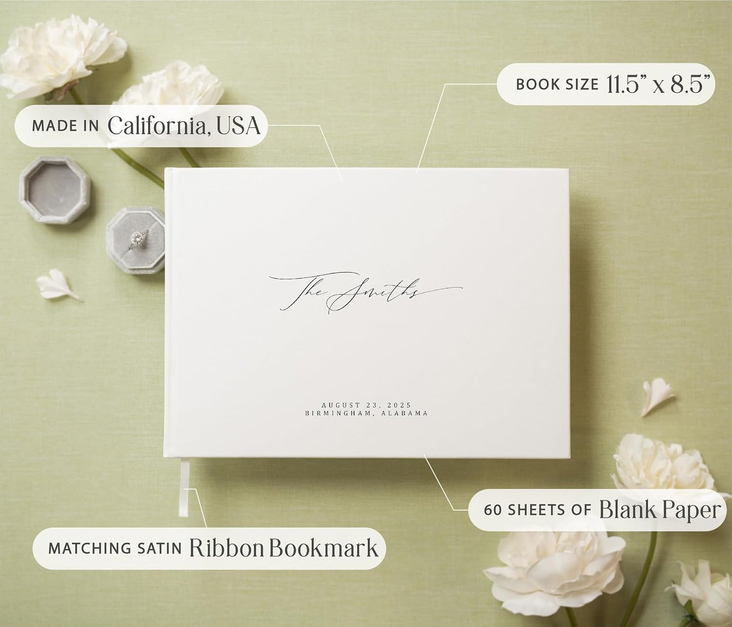 MUUJEE Personalized Guestbook in Eggshell - Premium Custom Modern Guest Book for Wedding Reception, Birthday Party or Events w/Bookmark Blank Pages for Signing 11.5 x 8.5 inches