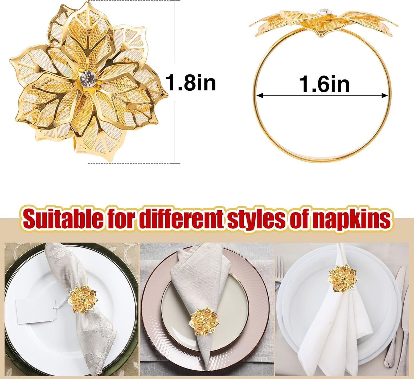Napkin Rings- Gold Flower Napkin Holder Metal Napkin Buckle for Holiday Party Dinner Wedding Dining Table Decoration (Set of 8)